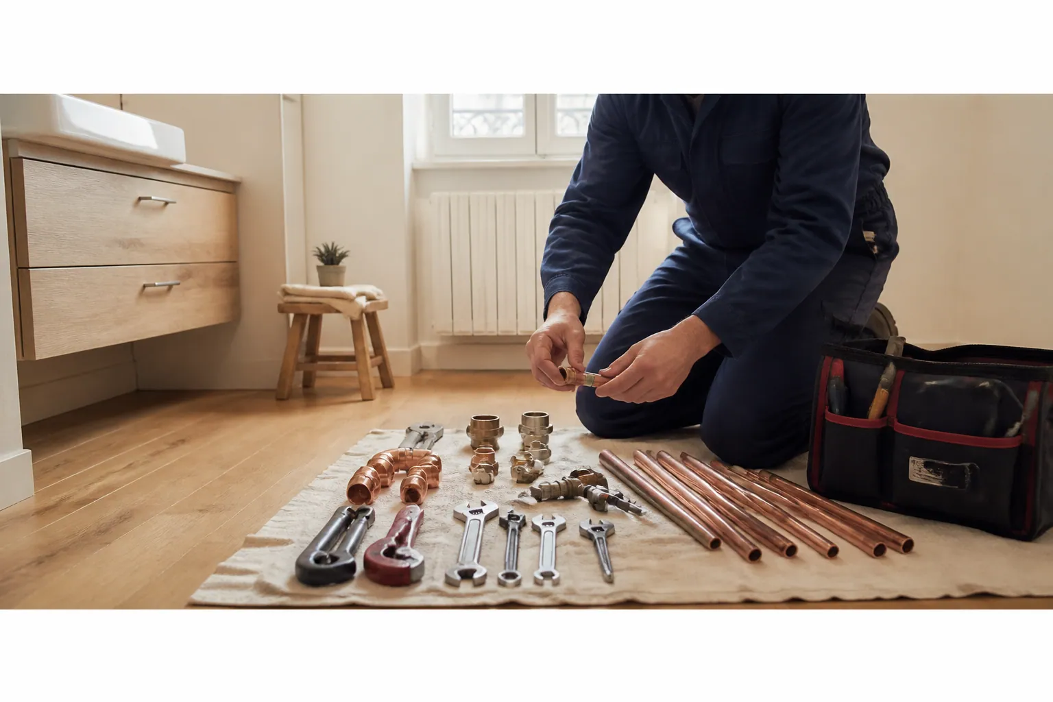 Artisan plombier préparant ses outils dans un intérieur lumineux