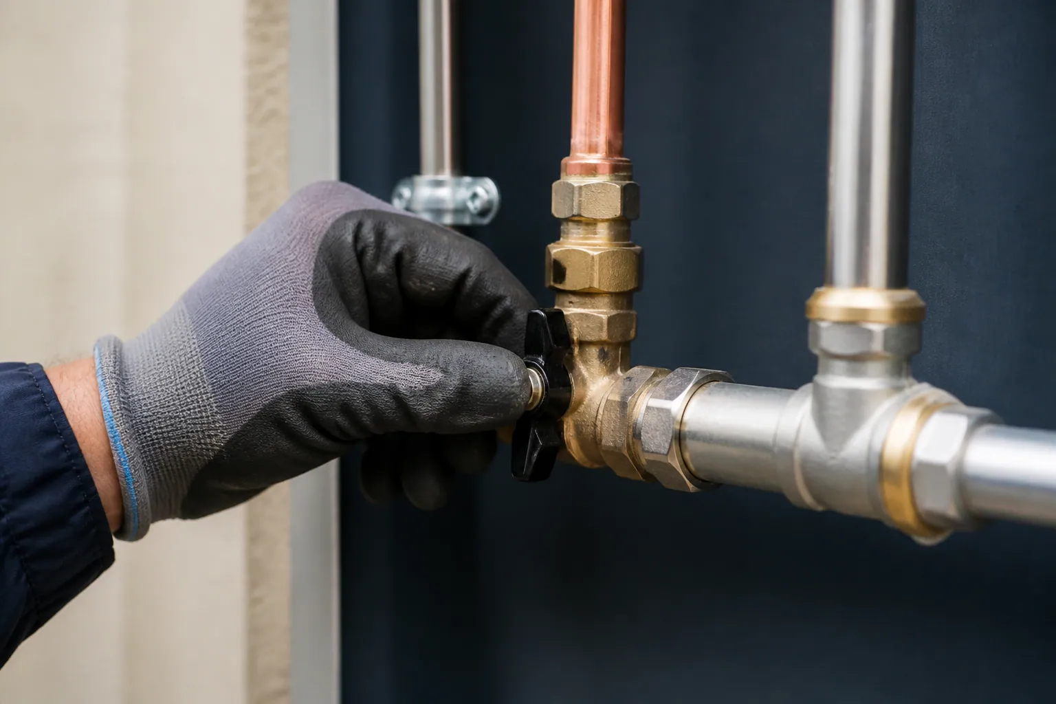 Main gantée contrôlant une vanne et des raccords de plomberie