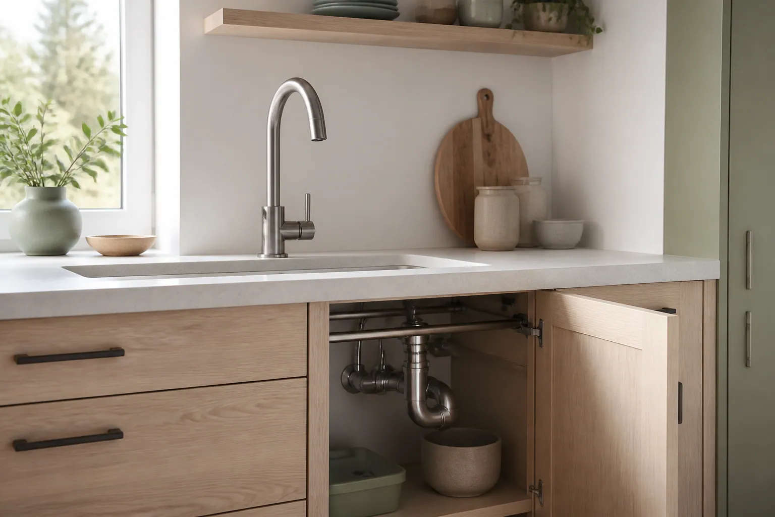 Installation soignée de tuyauteries et d'un robinet dans une cuisine claire